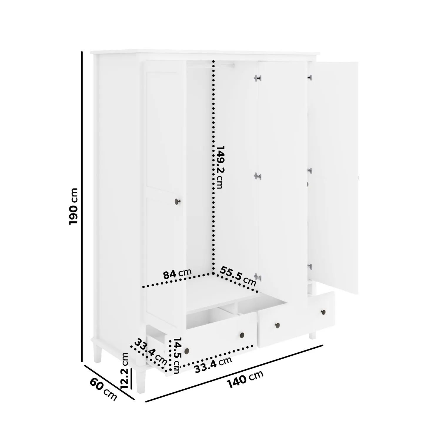 3-Door Wardrobe with Drawers - White, Wood