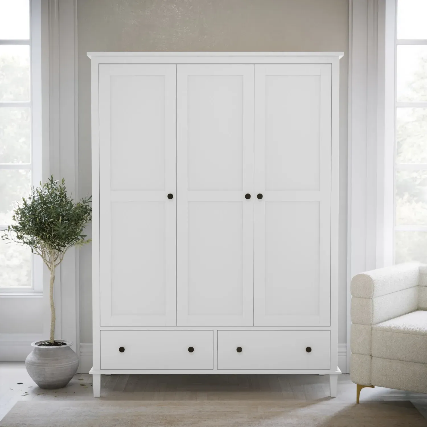 3-Door Wardrobe with Drawers - White, Wood