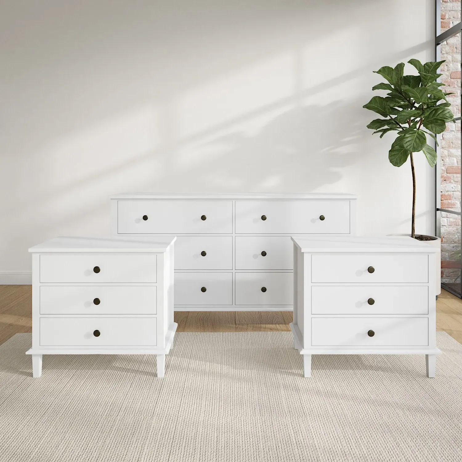3-Piece Bedroom Furniture Set - White, Pine Wood