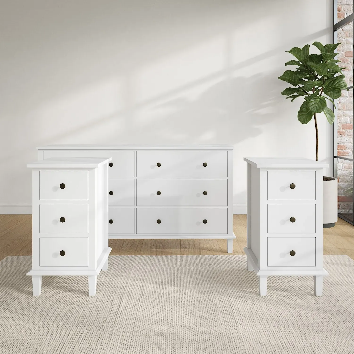 3-Piece Bedroom Furniture Set - White, Pine Wood image