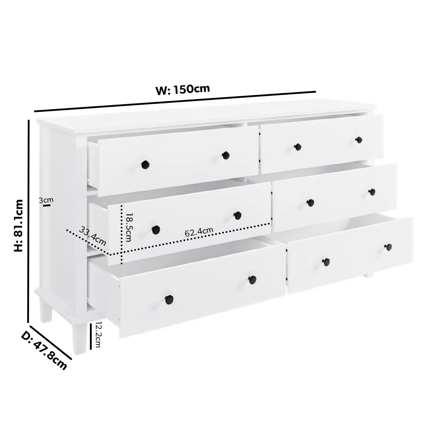 6-Drawer Wide Chest - White, Pine Wood