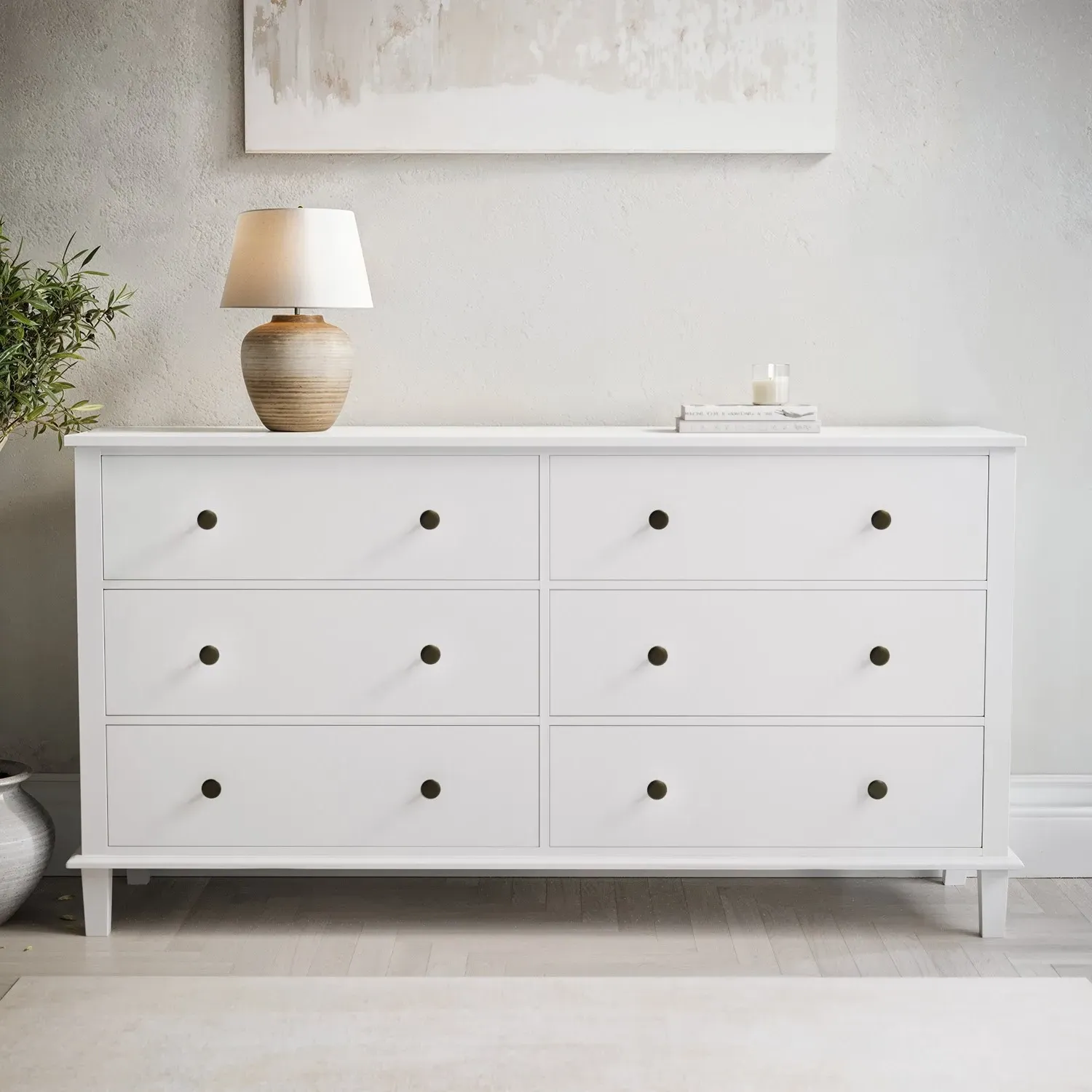 6-Drawer Wide Chest - White, Pine Wood image