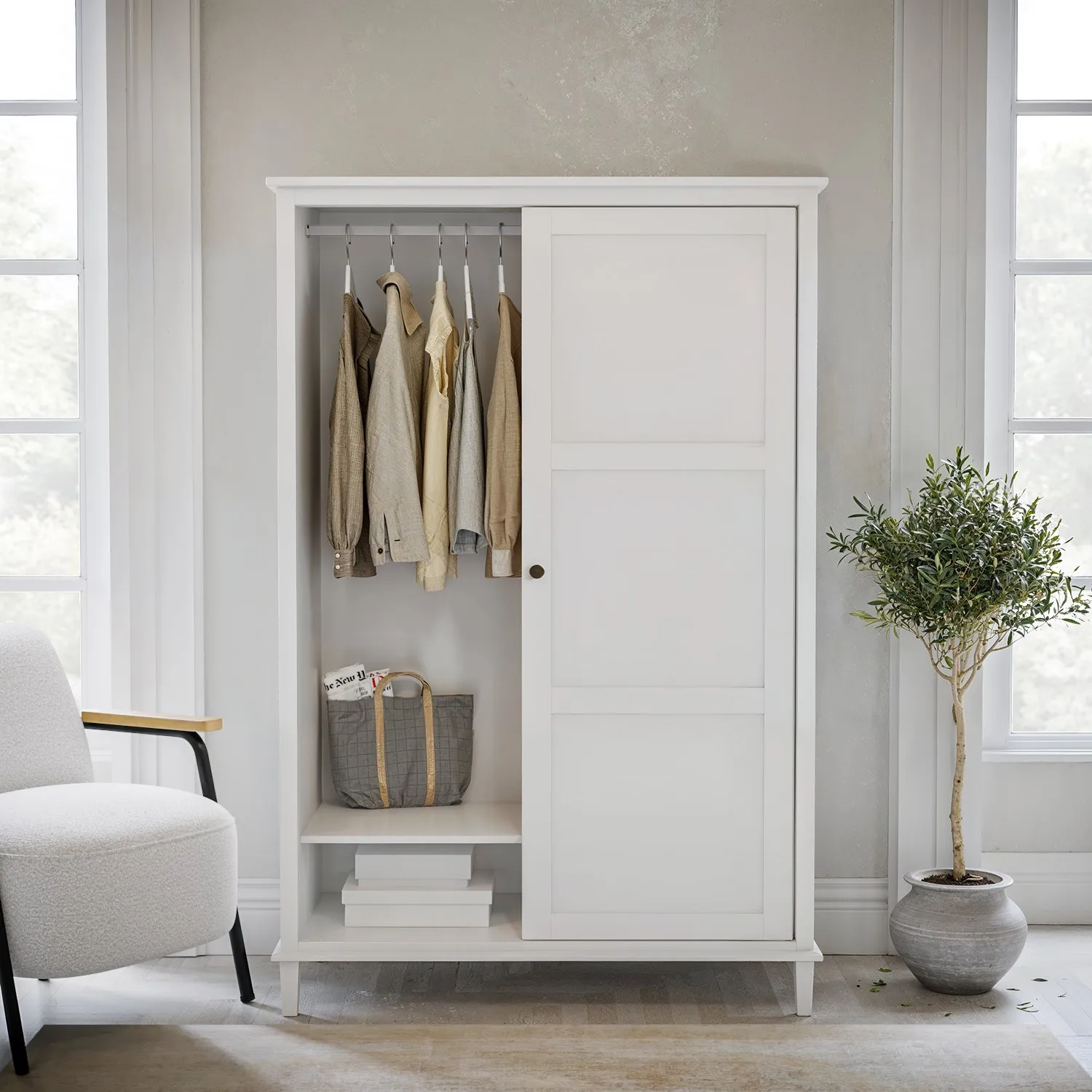 Double Sliding Wardrobe - White, Pine Wood