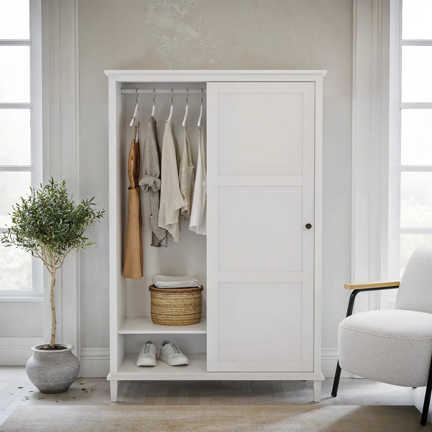 Double Sliding Wardrobe - White, Pine Wood