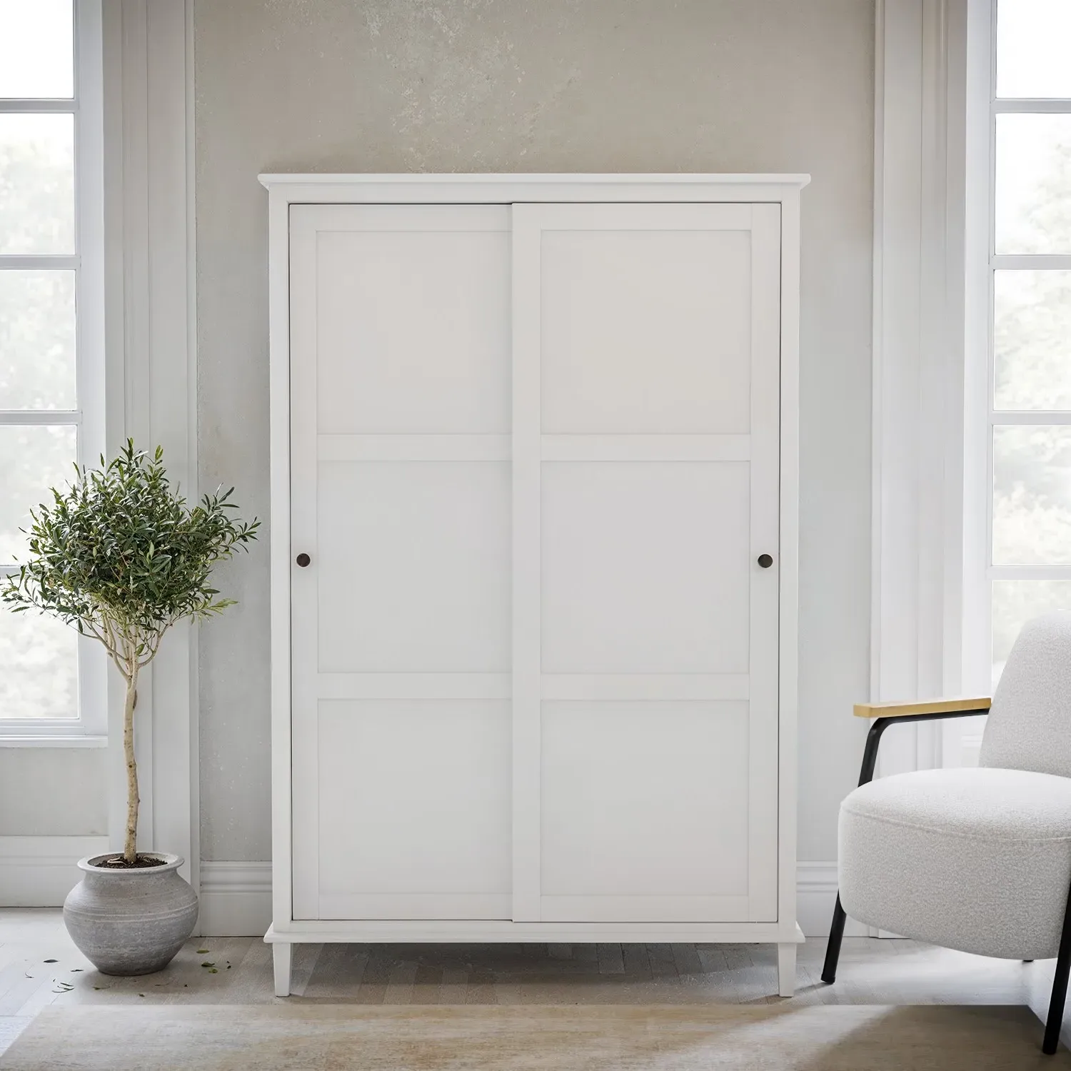 Double Sliding Wardrobe - White, Pine Wood image