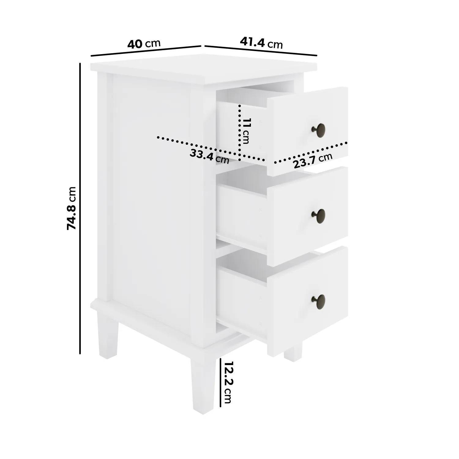Tall 3-Drawer Bedside Table - White, Pine Wood