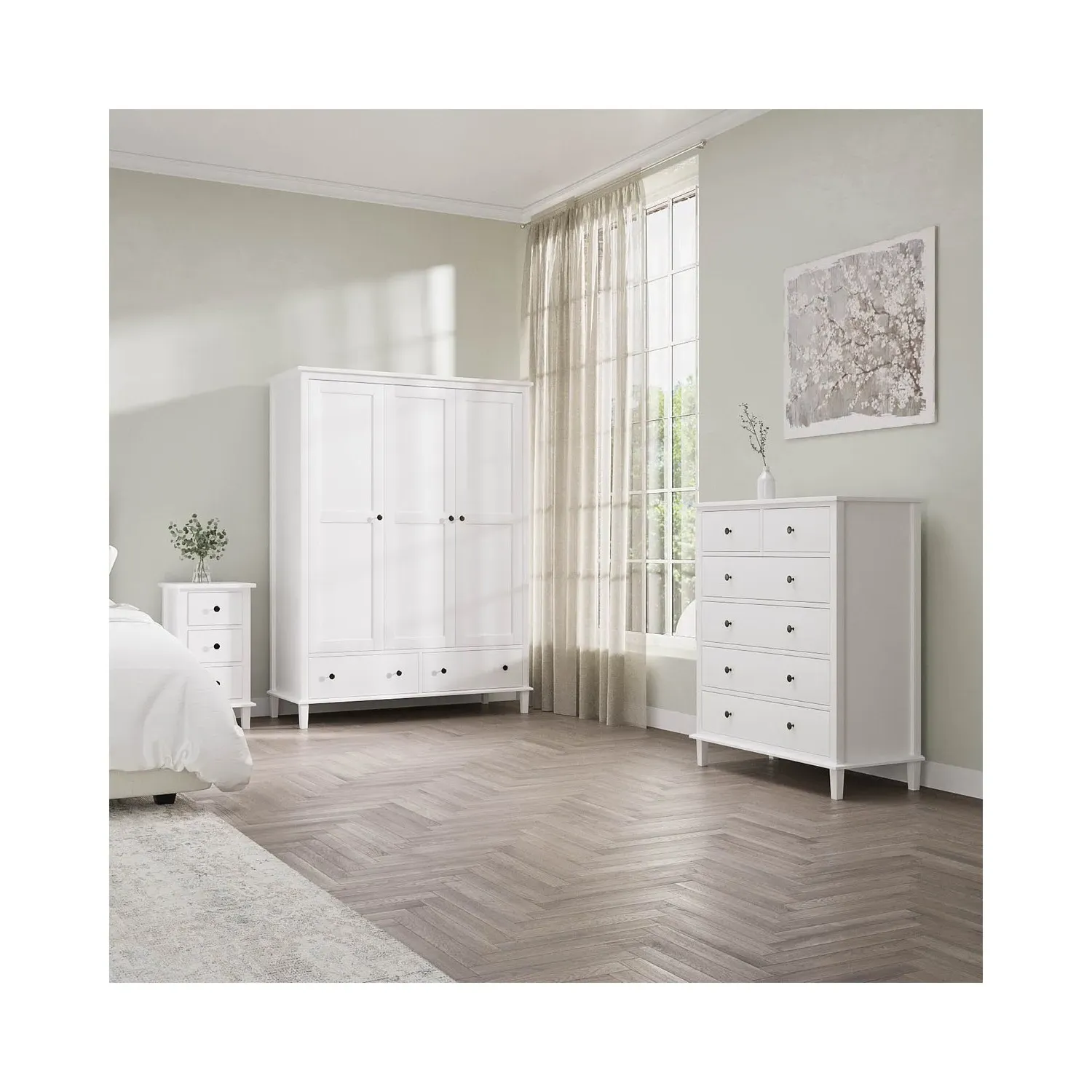 Tall 3-Drawer Bedside Table - White, Pine Wood