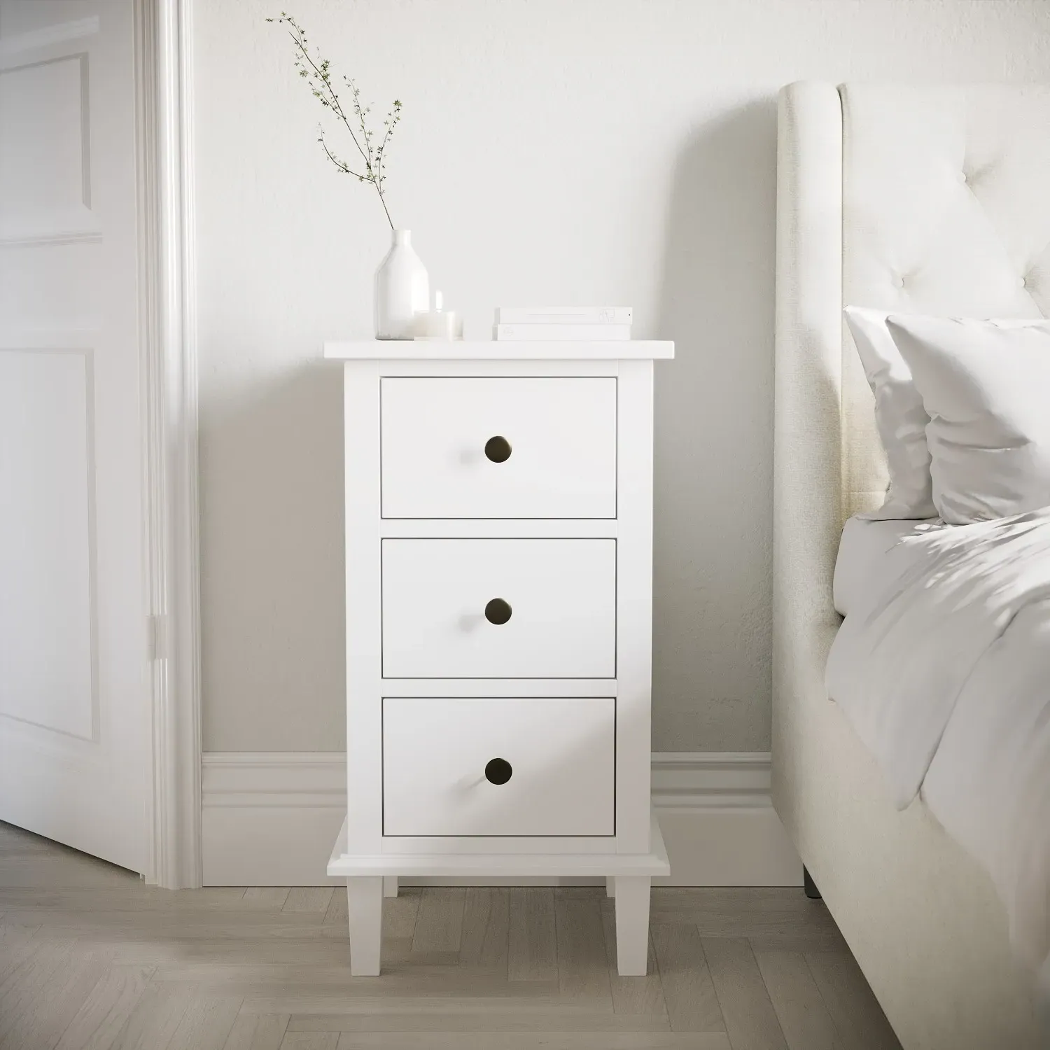 Tall 3-Drawer Bedside Table - White, Pine Wood image