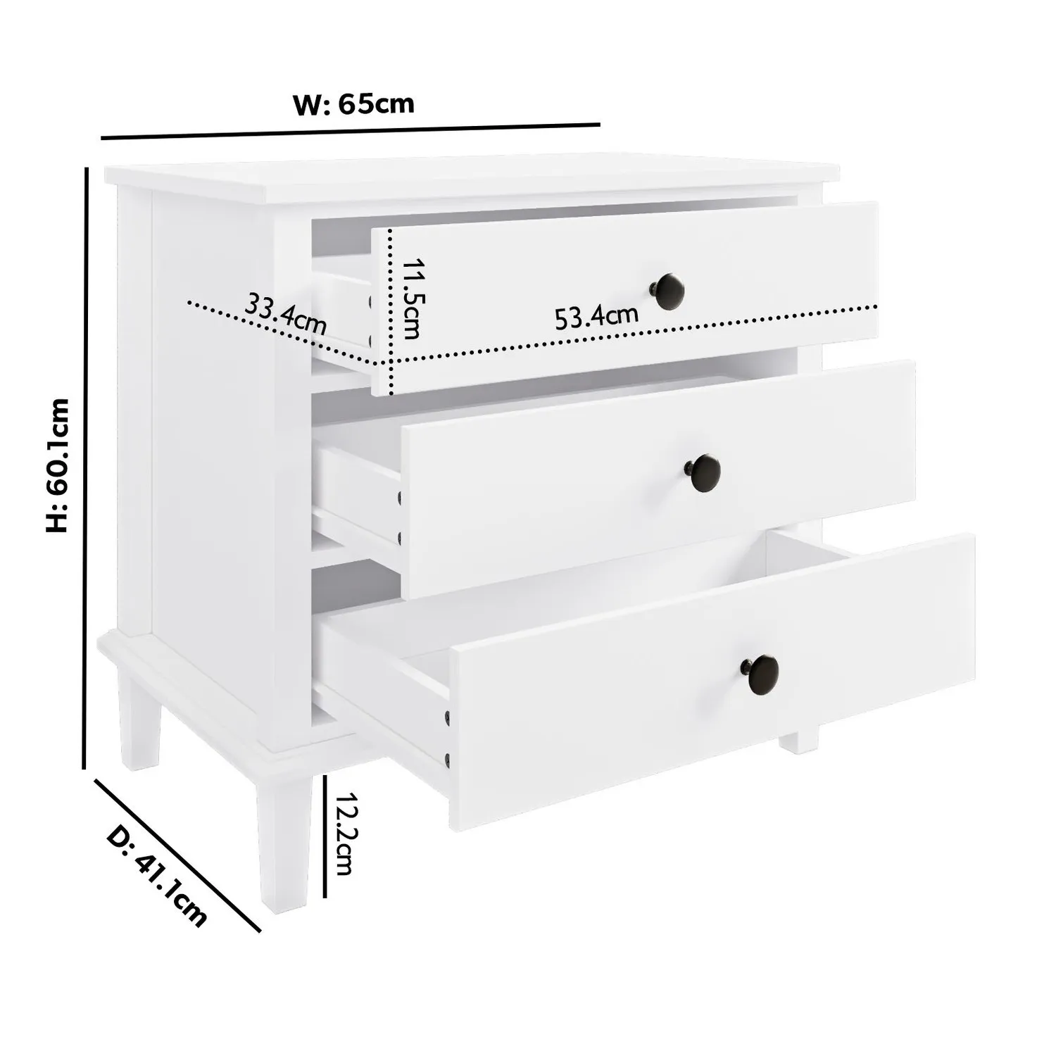 Wide 3-Drawer Bedside Table - White, Pine Wood