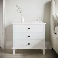 Wide 3-Drawer Bedside Table - White, Pine Wood
