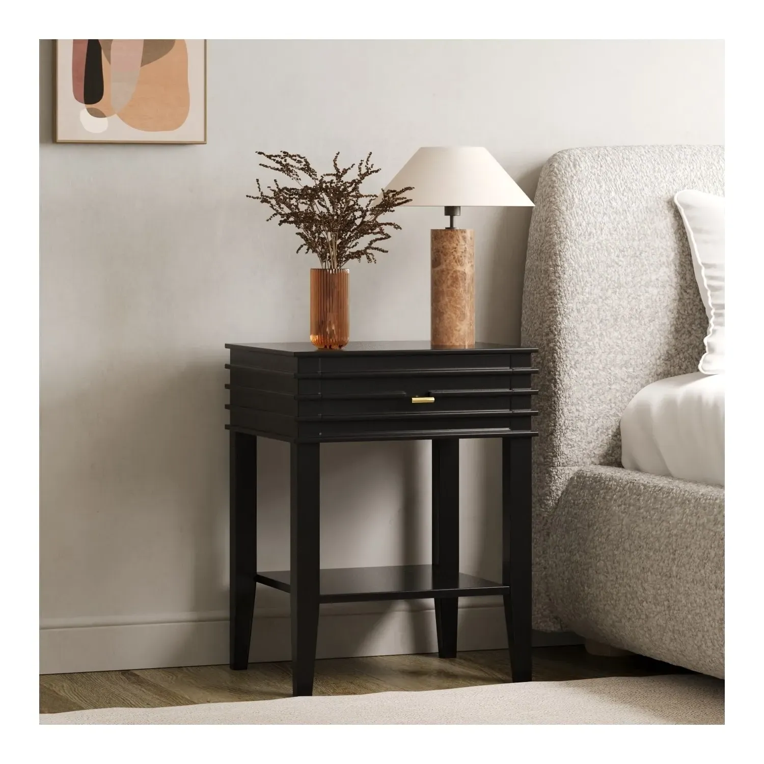 Bedside Table with Drawer & Shelf - Black, Wood image