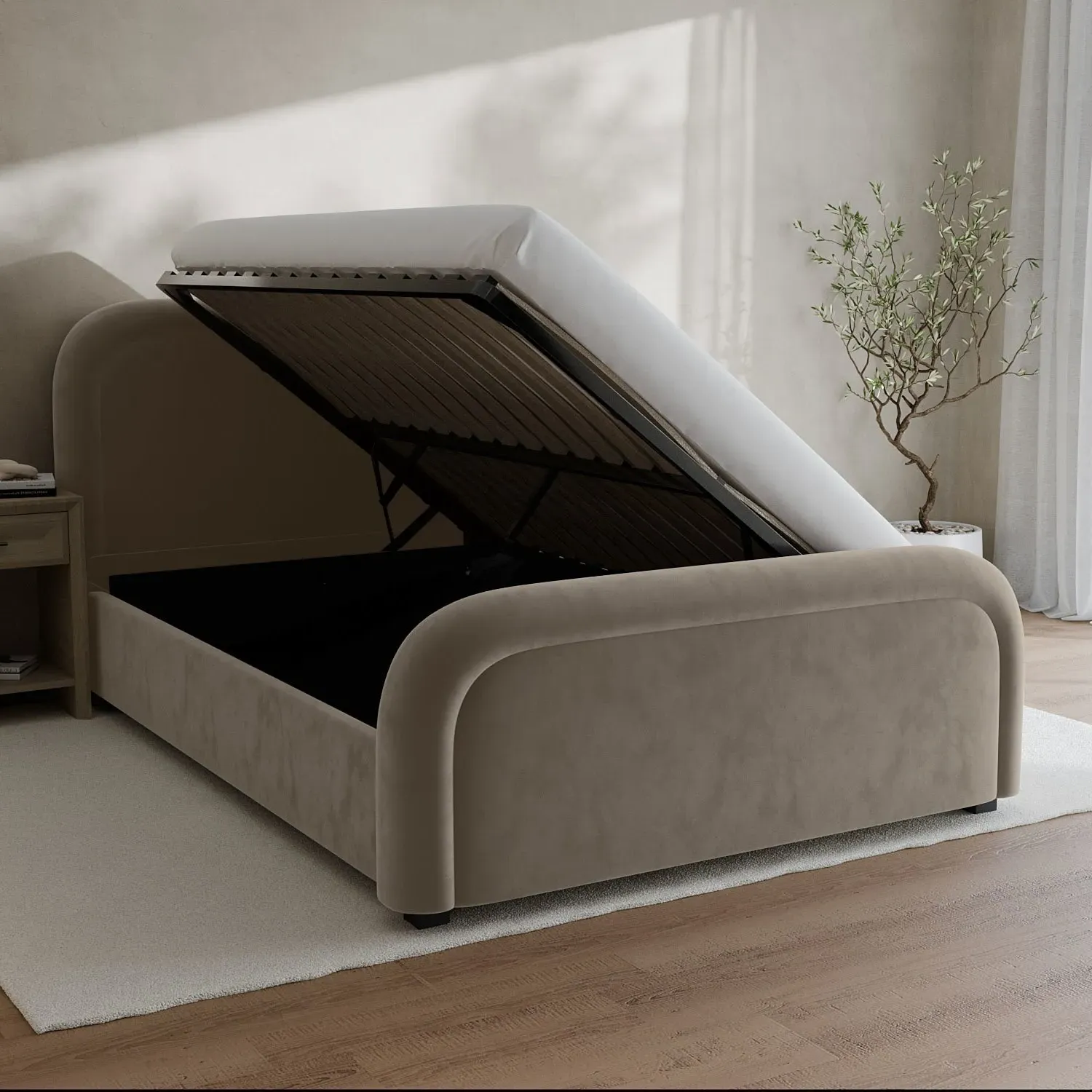 King Size Ottoman Bed with Storage - Mink, Velvet