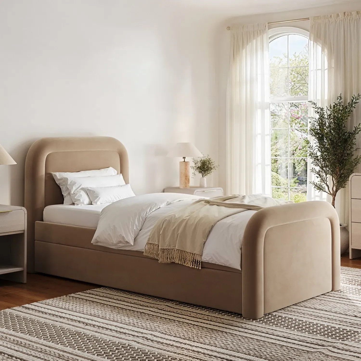Single Guest Bed with Trundle - Beige, Velvet