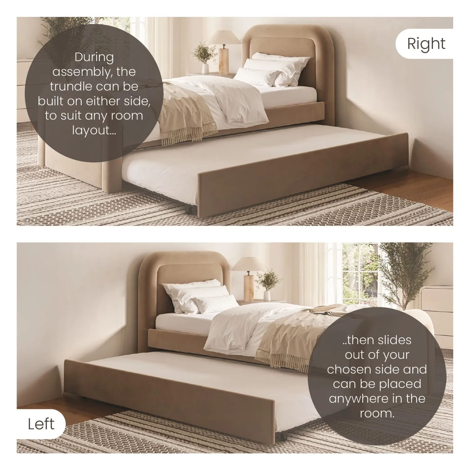 Single Guest Bed with Trundle - Beige, Velvet