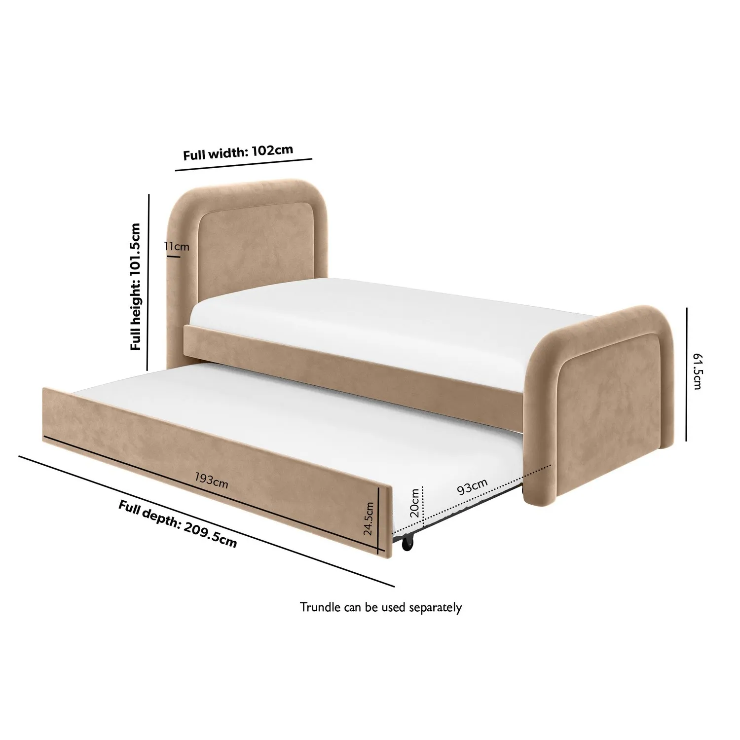 Single Guest Bed with Trundle - Beige, Velvet