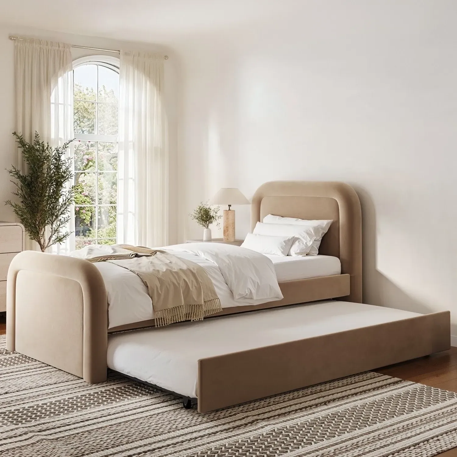 Single Guest Bed with Trundle - Beige, Velvet