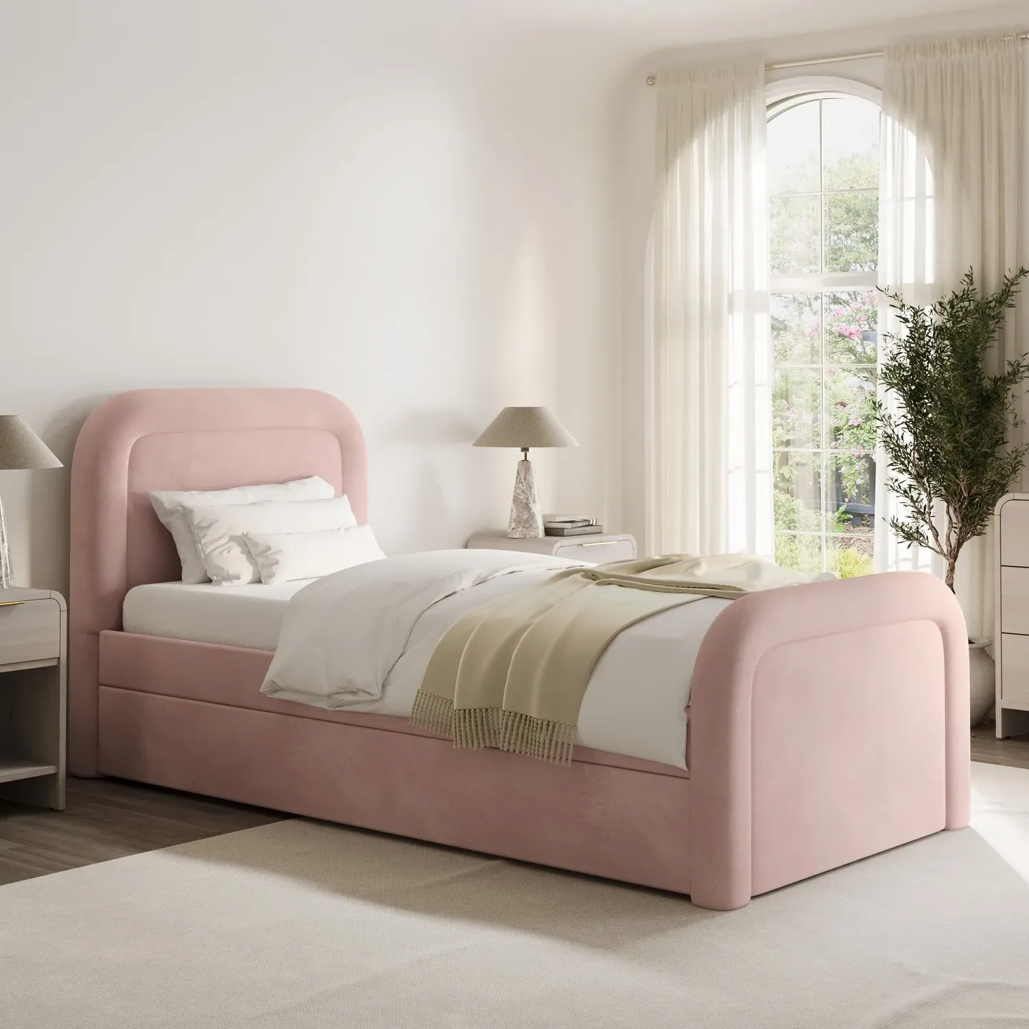 Single Guest Bed with Trundle - Pink, Velvet