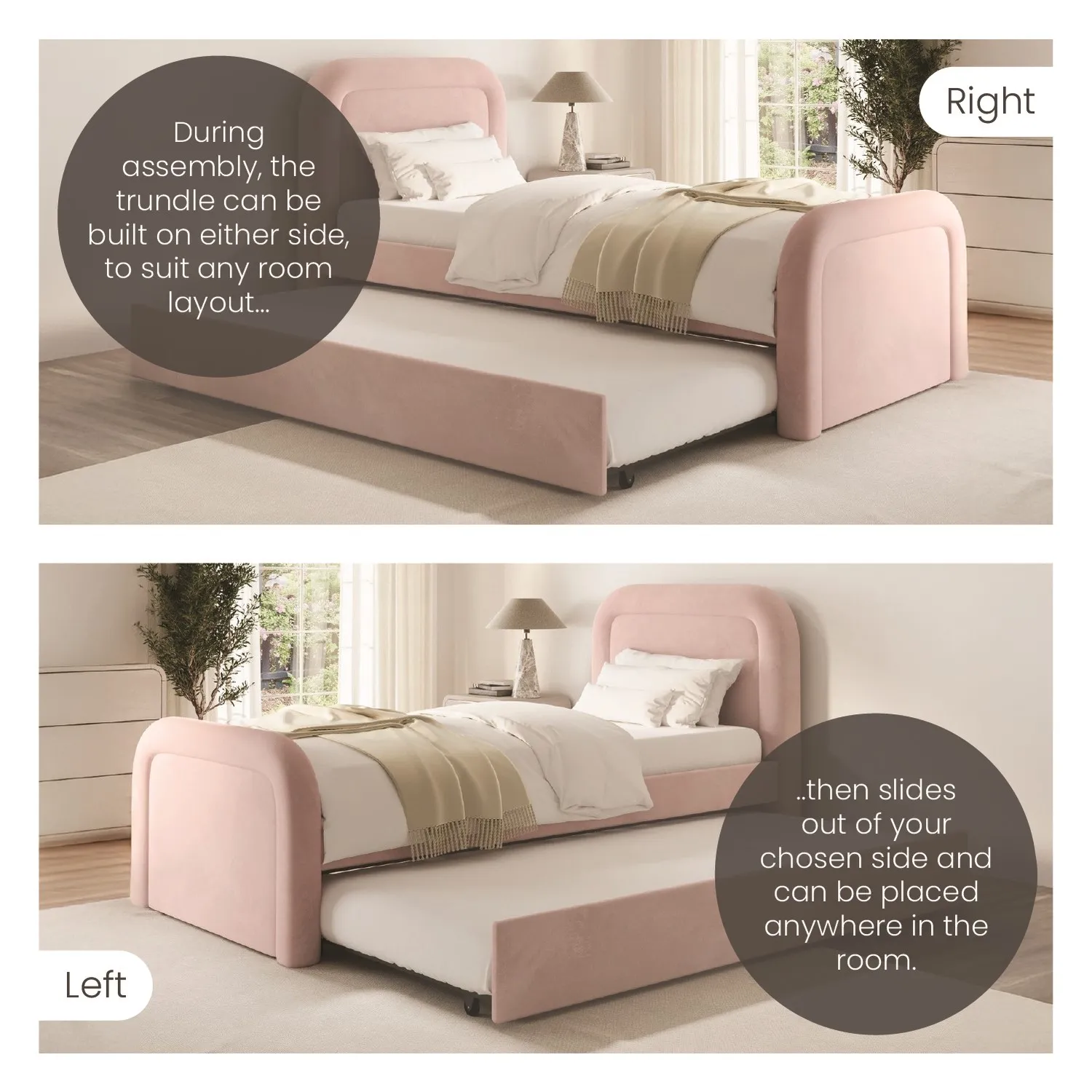 Single Guest Bed with Trundle - Pink, Velvet