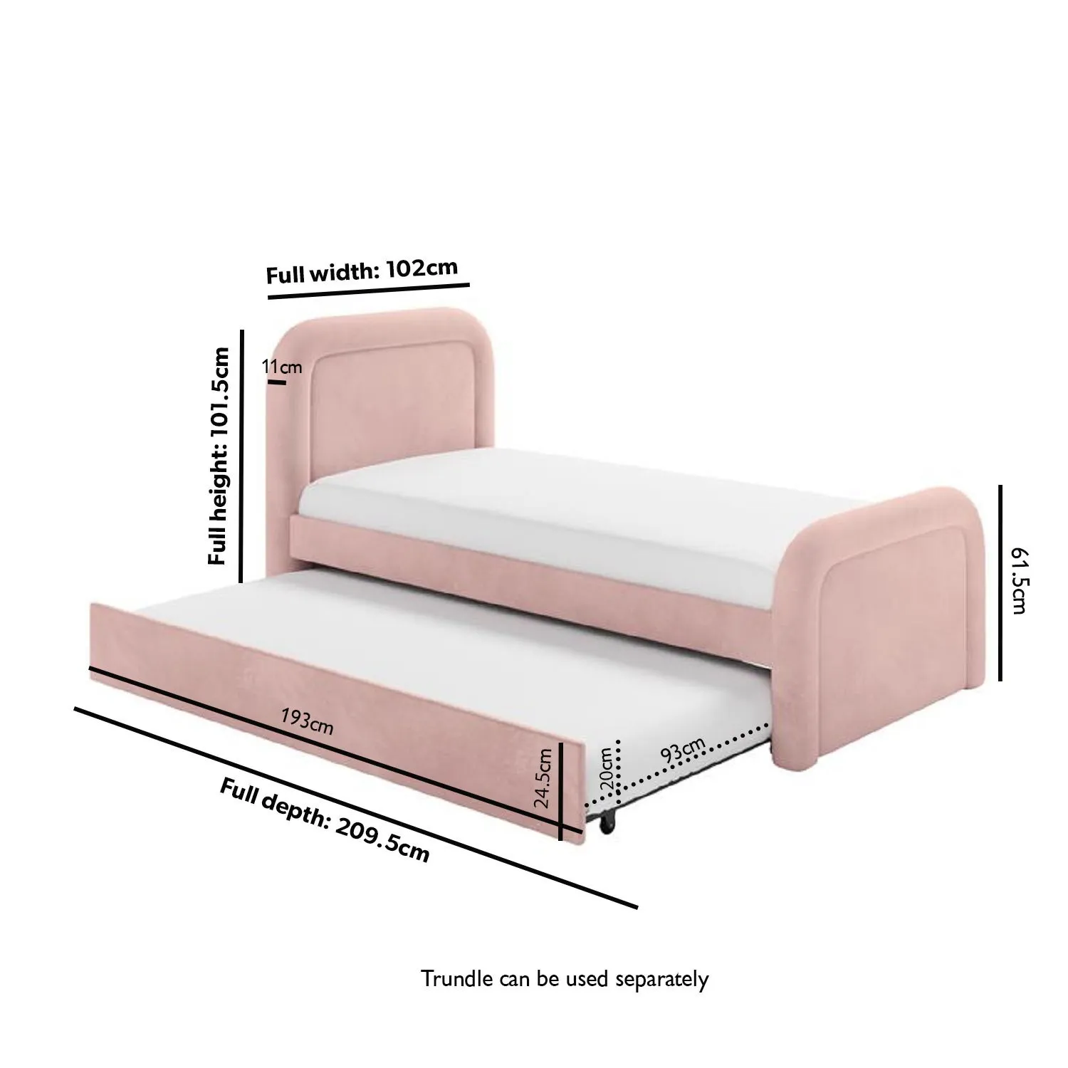 Single Guest Bed with Trundle - Pink, Velvet