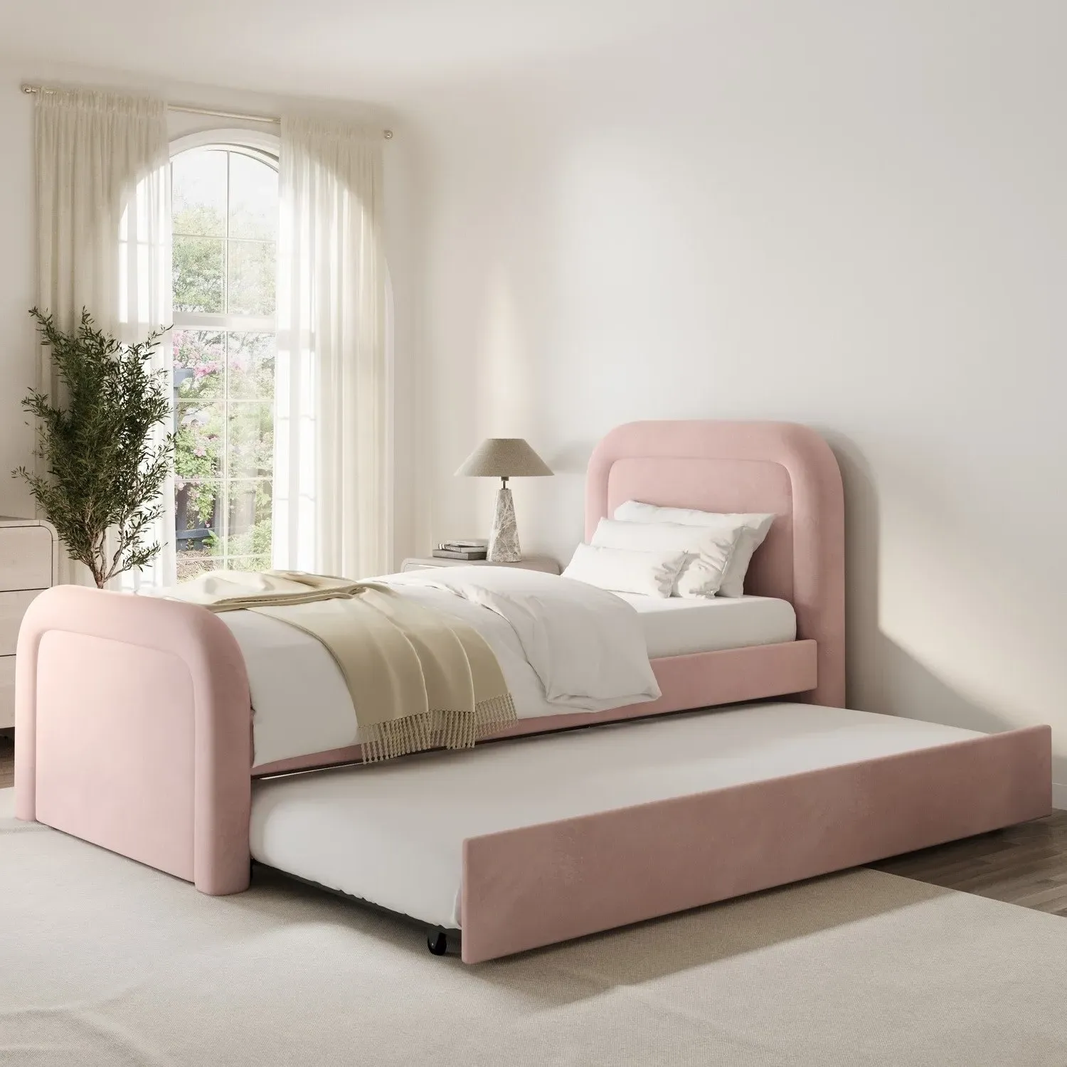 Single Guest Bed with Trundle - Pink, Velvet image