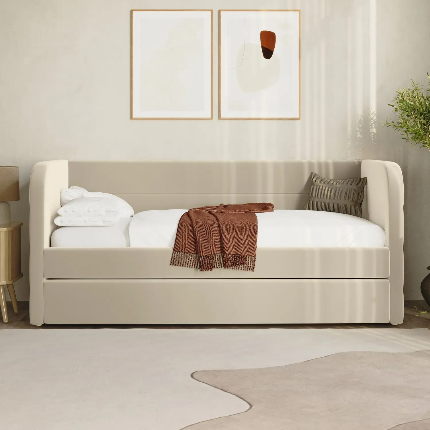 Single Day Bed with Trundle - Beige, Velvet