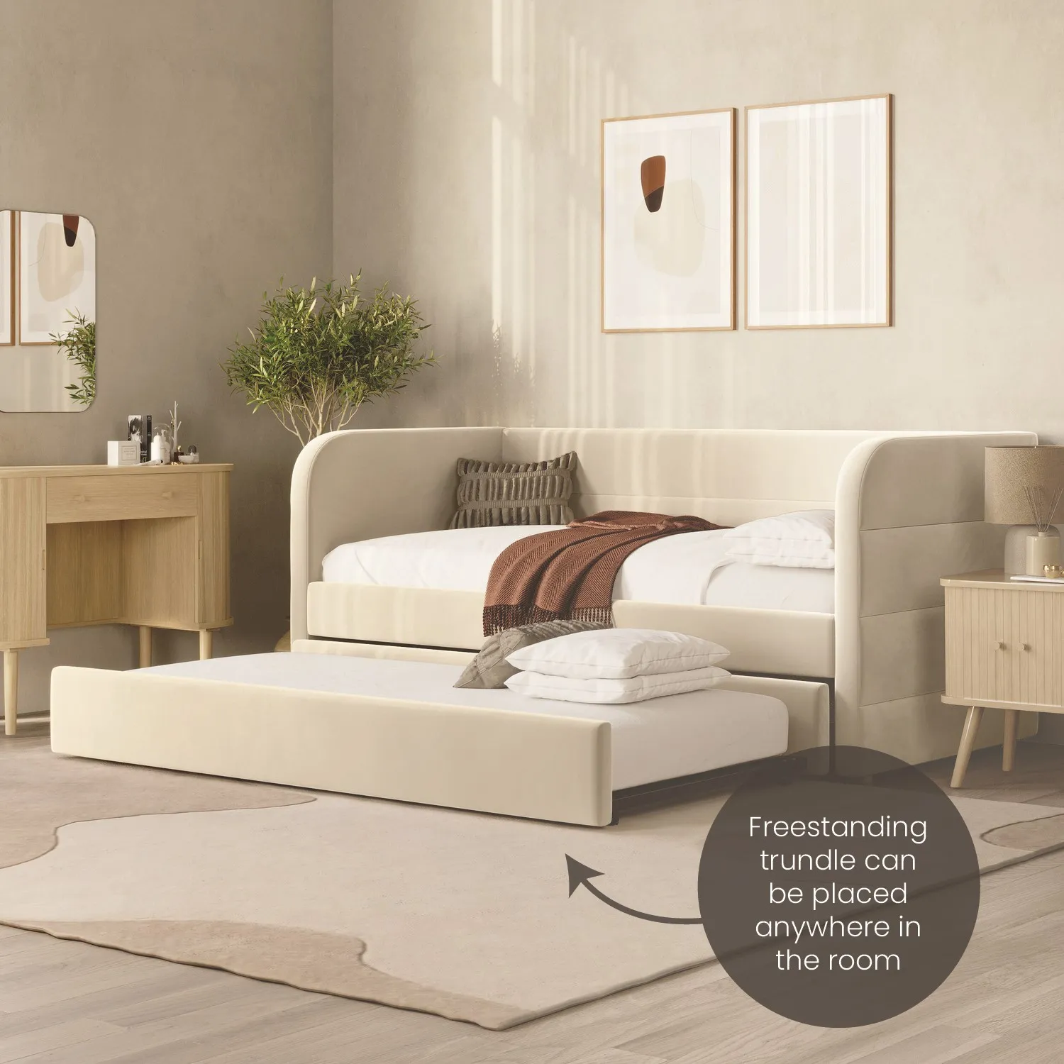 Single Day Bed with Trundle - Beige, Velvet