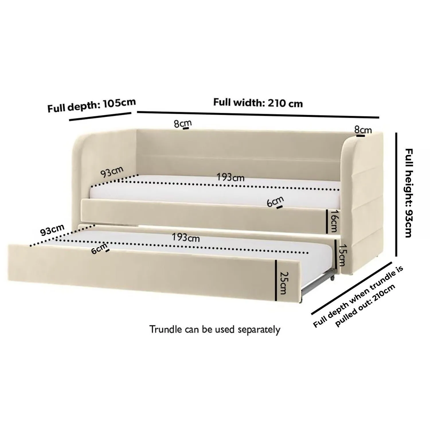 Single Day Bed with Trundle - Beige, Velvet
