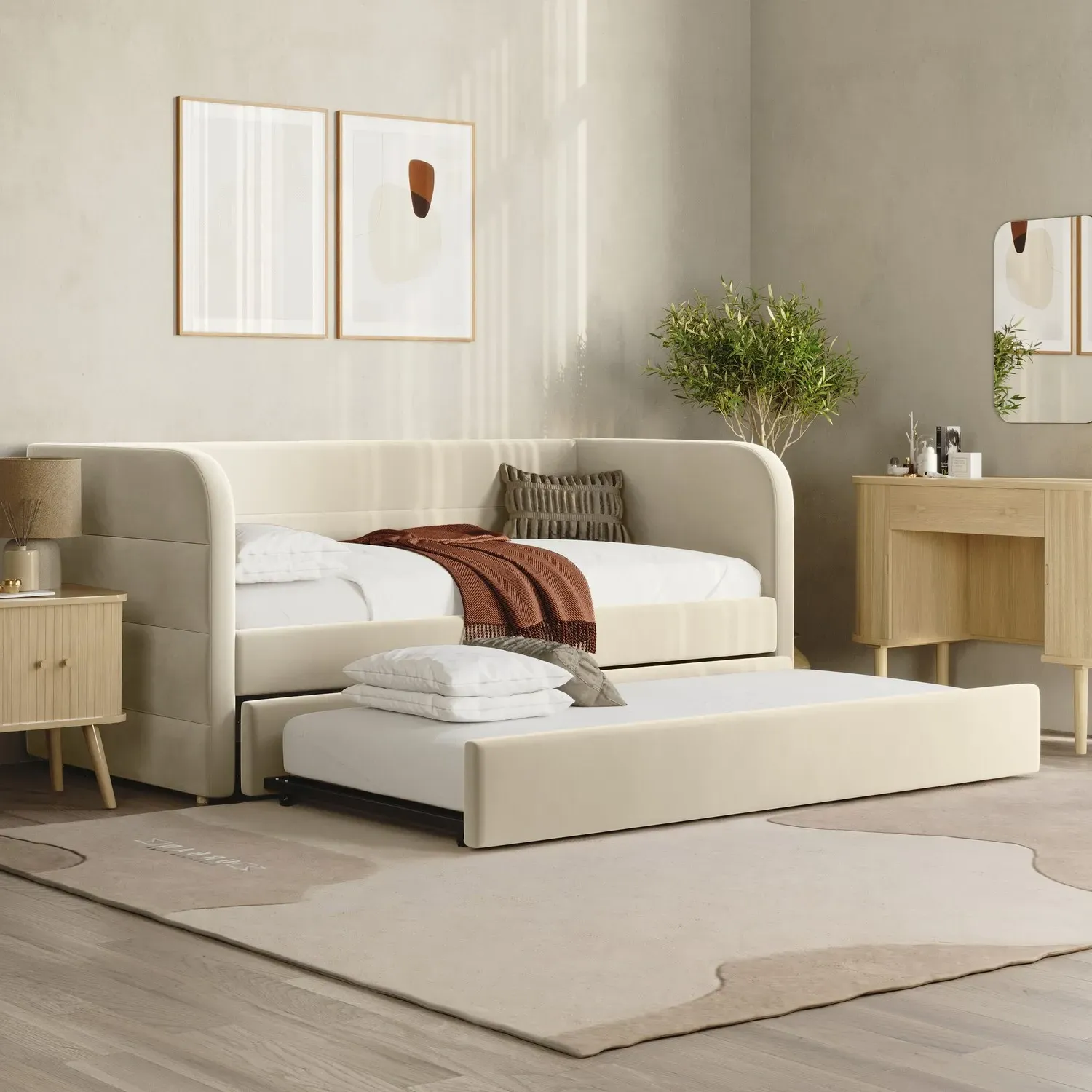 Single Day Bed with Trundle - Beige, Velvet image