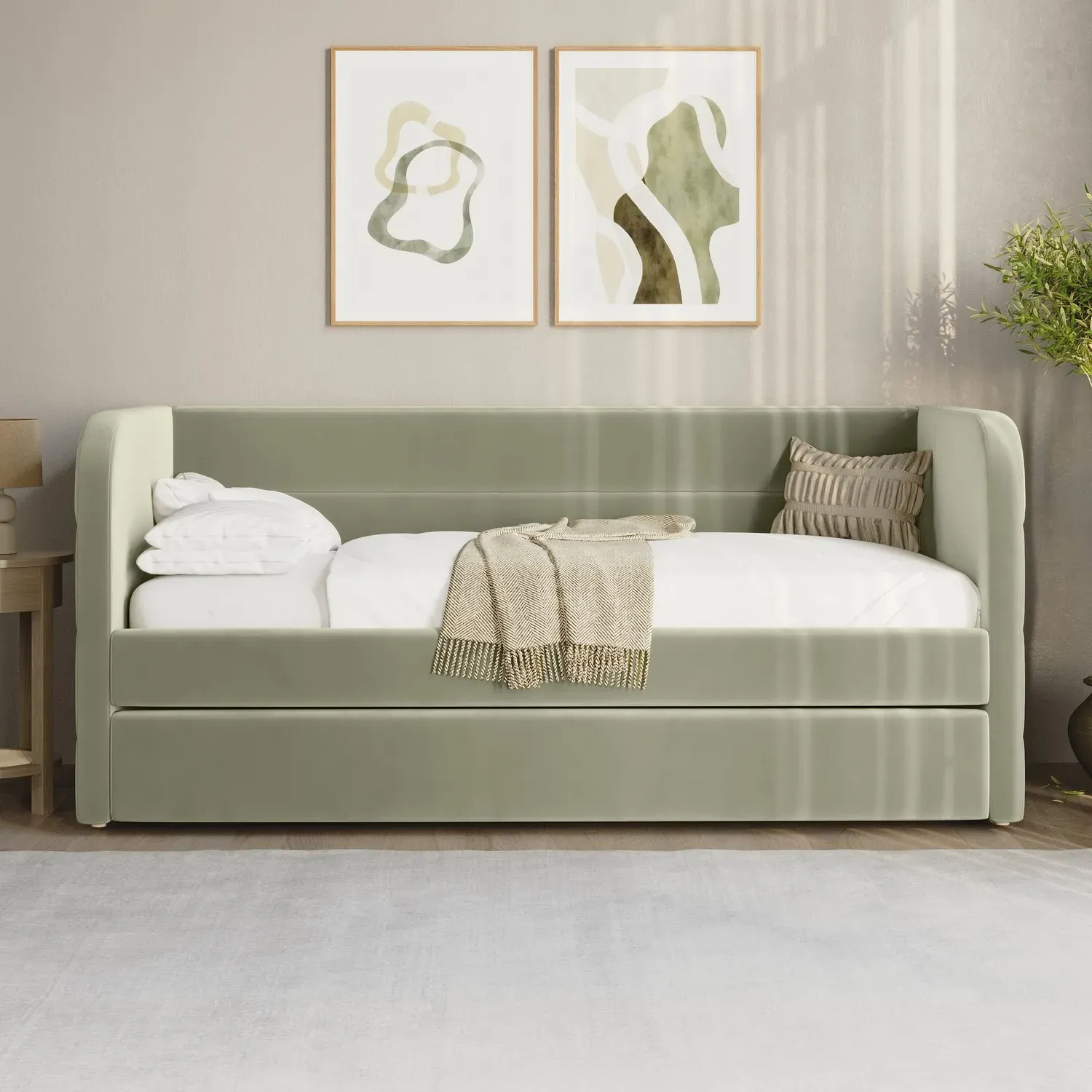 Single Day Bed with Trundle - Green, Velvet