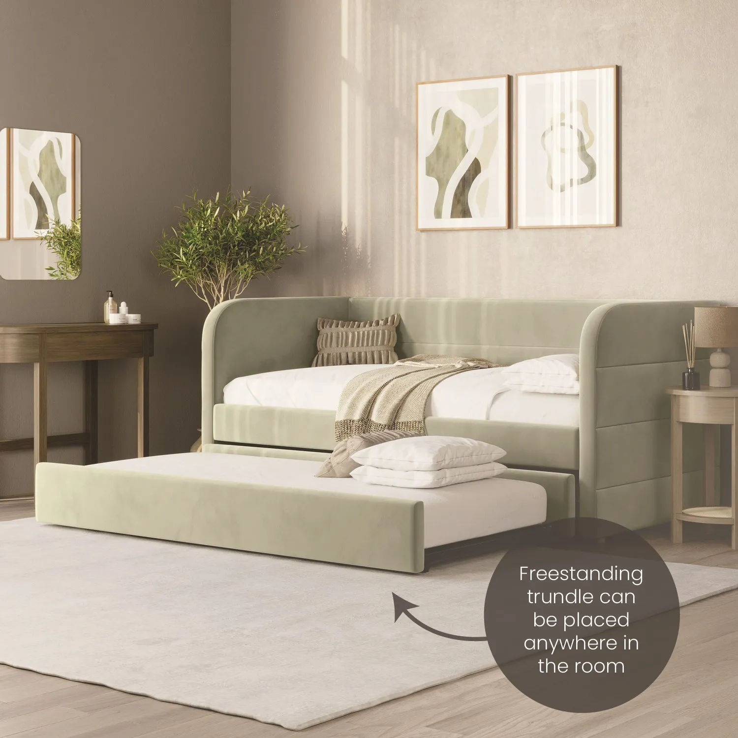 Single Day Bed with Trundle - Green, Velvet