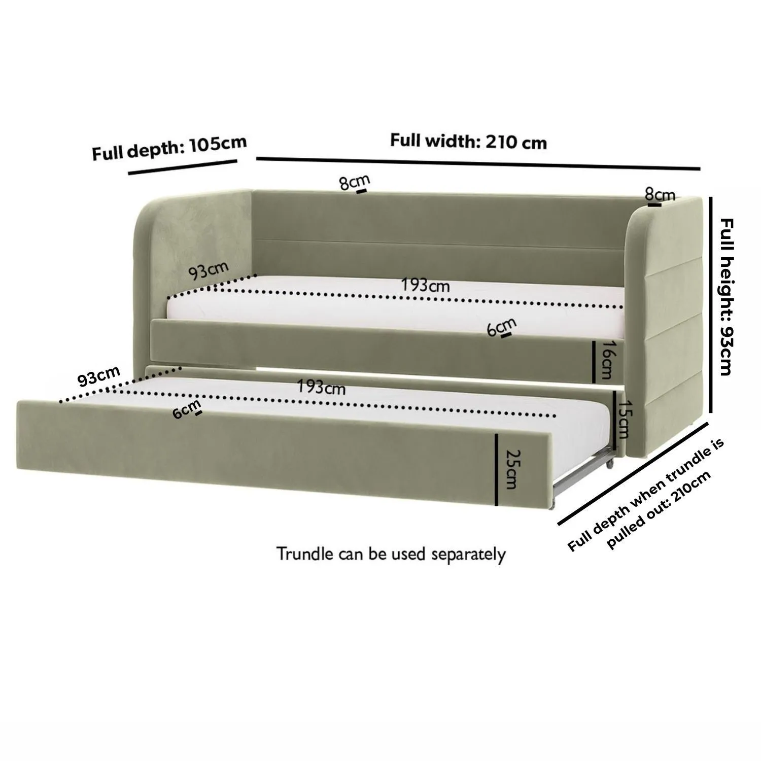 Single Day Bed with Trundle - Green, Velvet