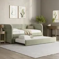 Single Day Bed with Trundle - Green, Velvet
