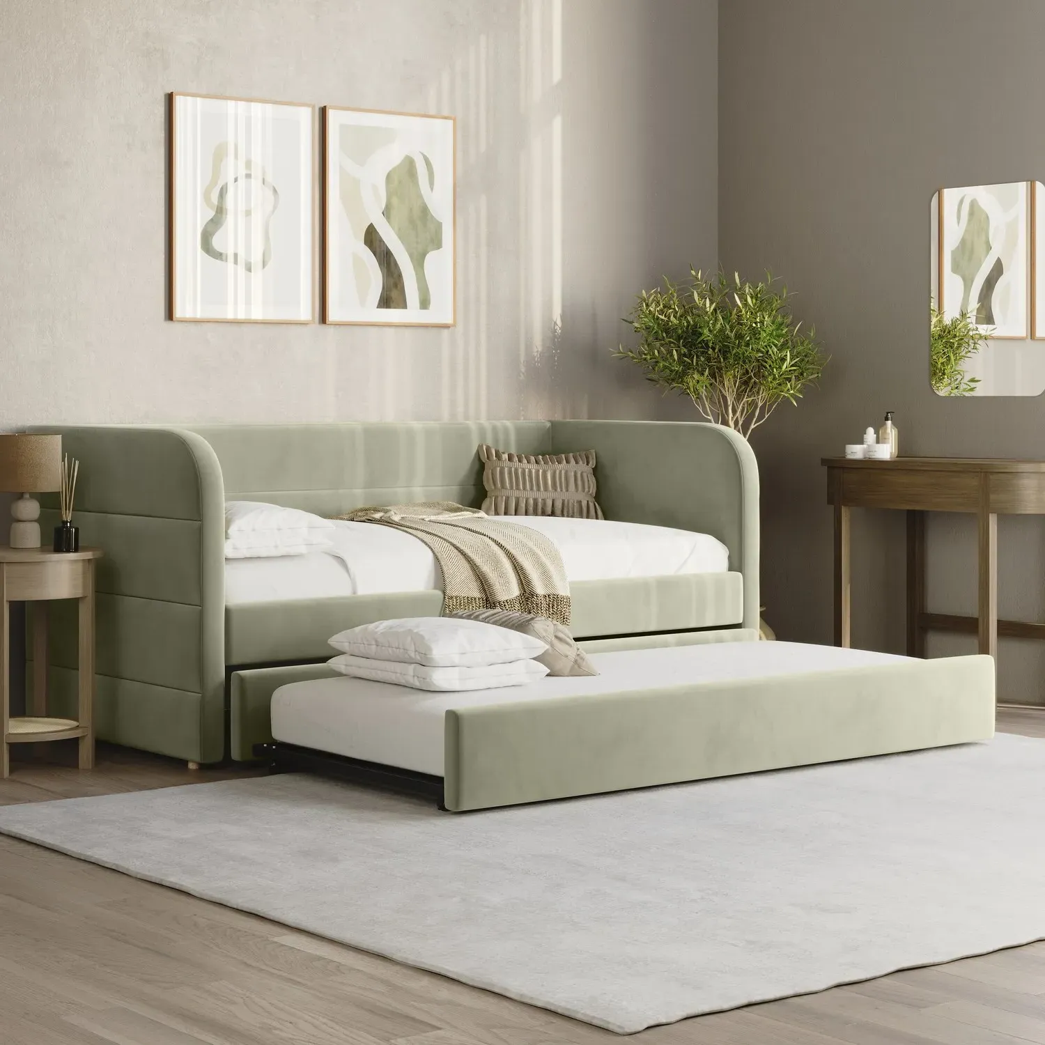 Single Day Bed with Trundle - Green, Velvet image
