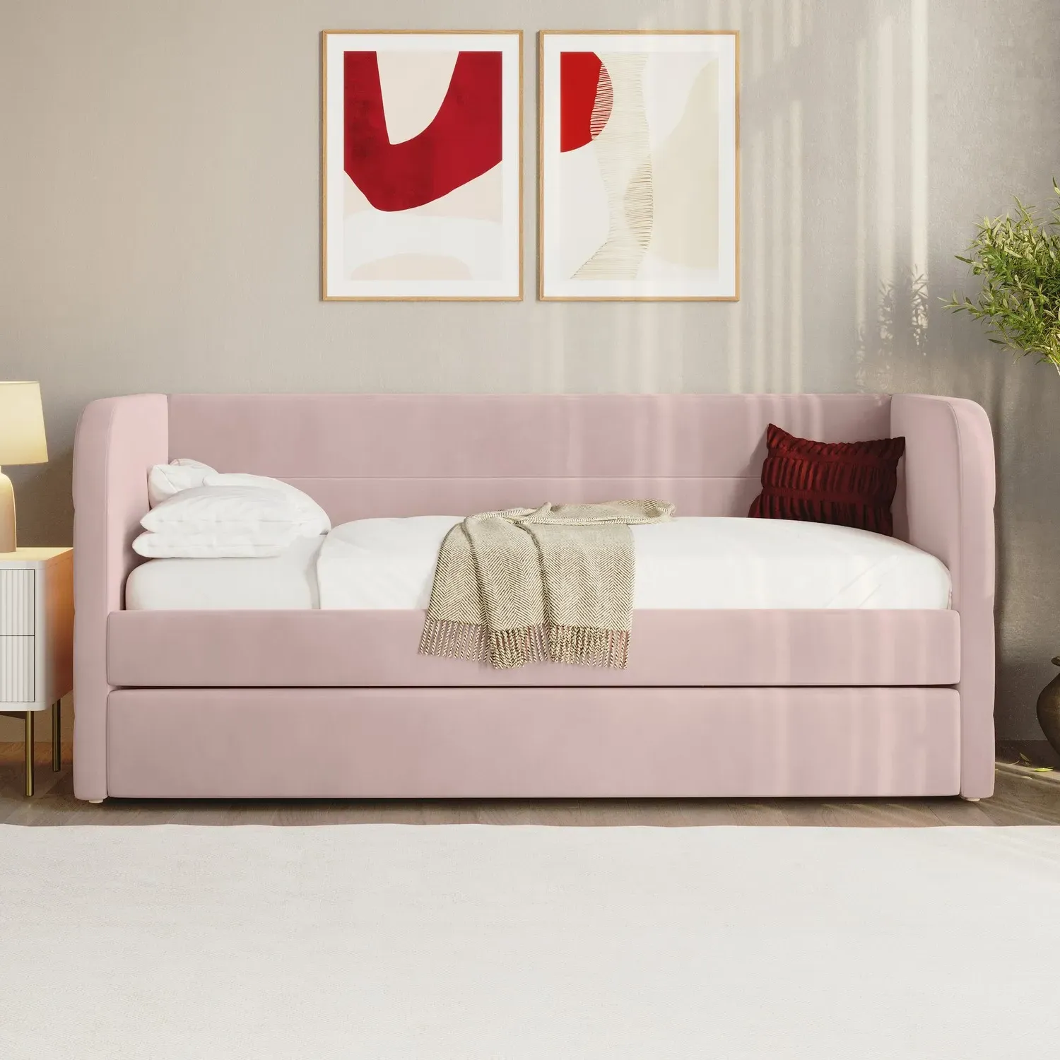 Single Day Bed with Trundle - Pink, Velvet