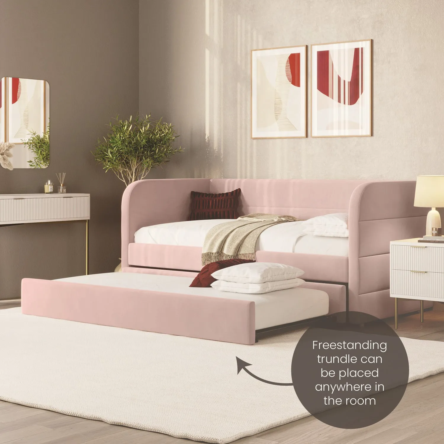 Single Day Bed with Trundle - Pink, Velvet
