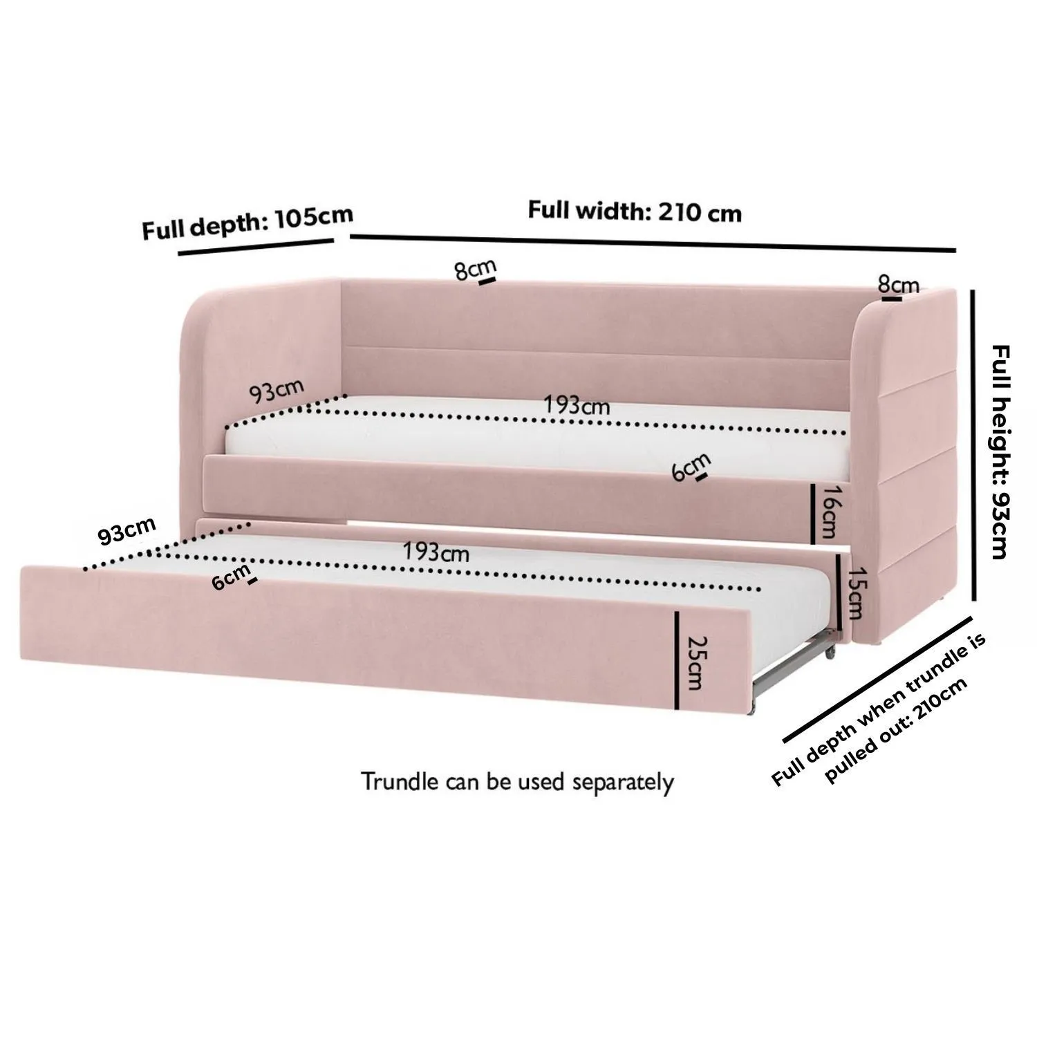 Single Day Bed with Trundle - Pink, Velvet
