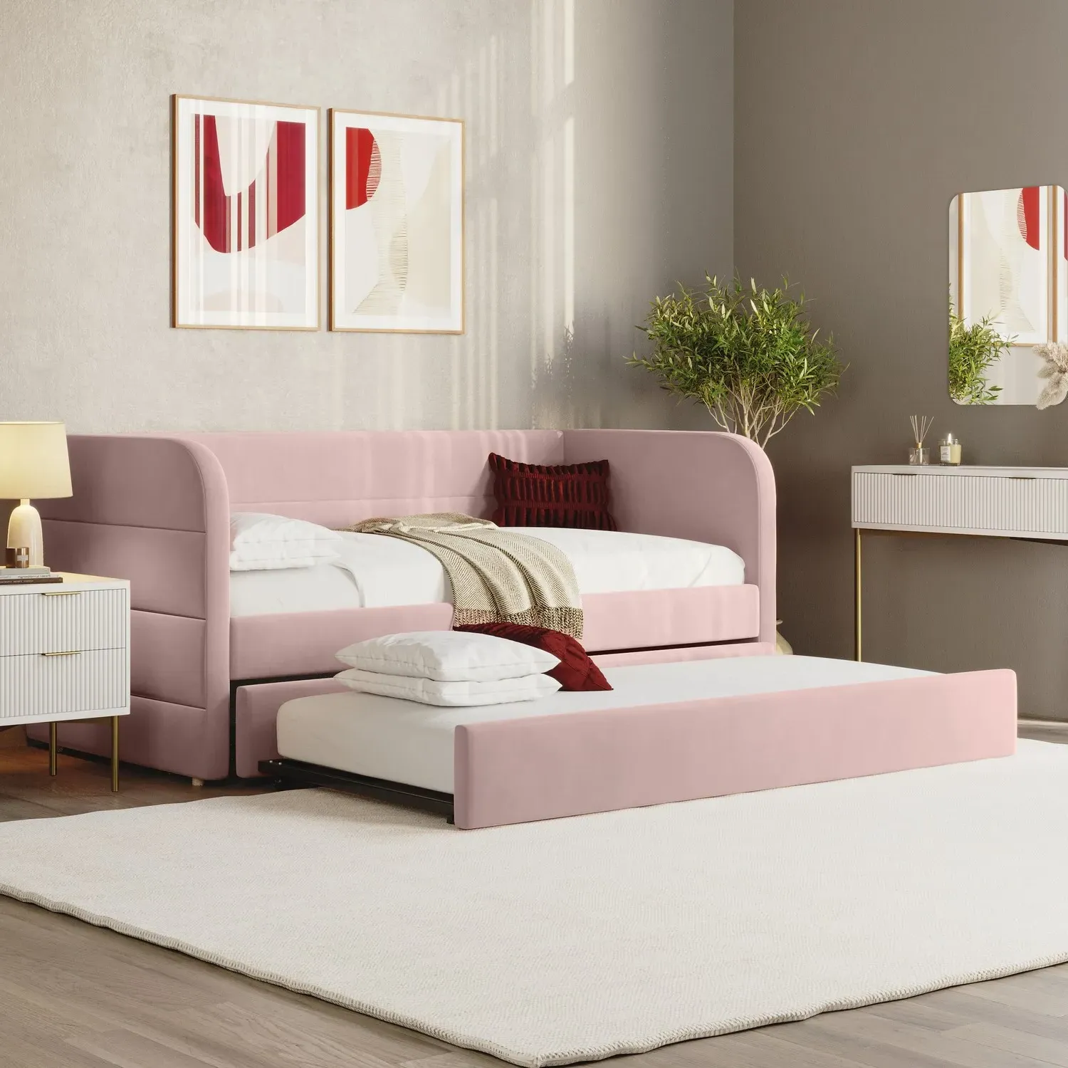 Single Day Bed with Trundle - Pink, Velvet