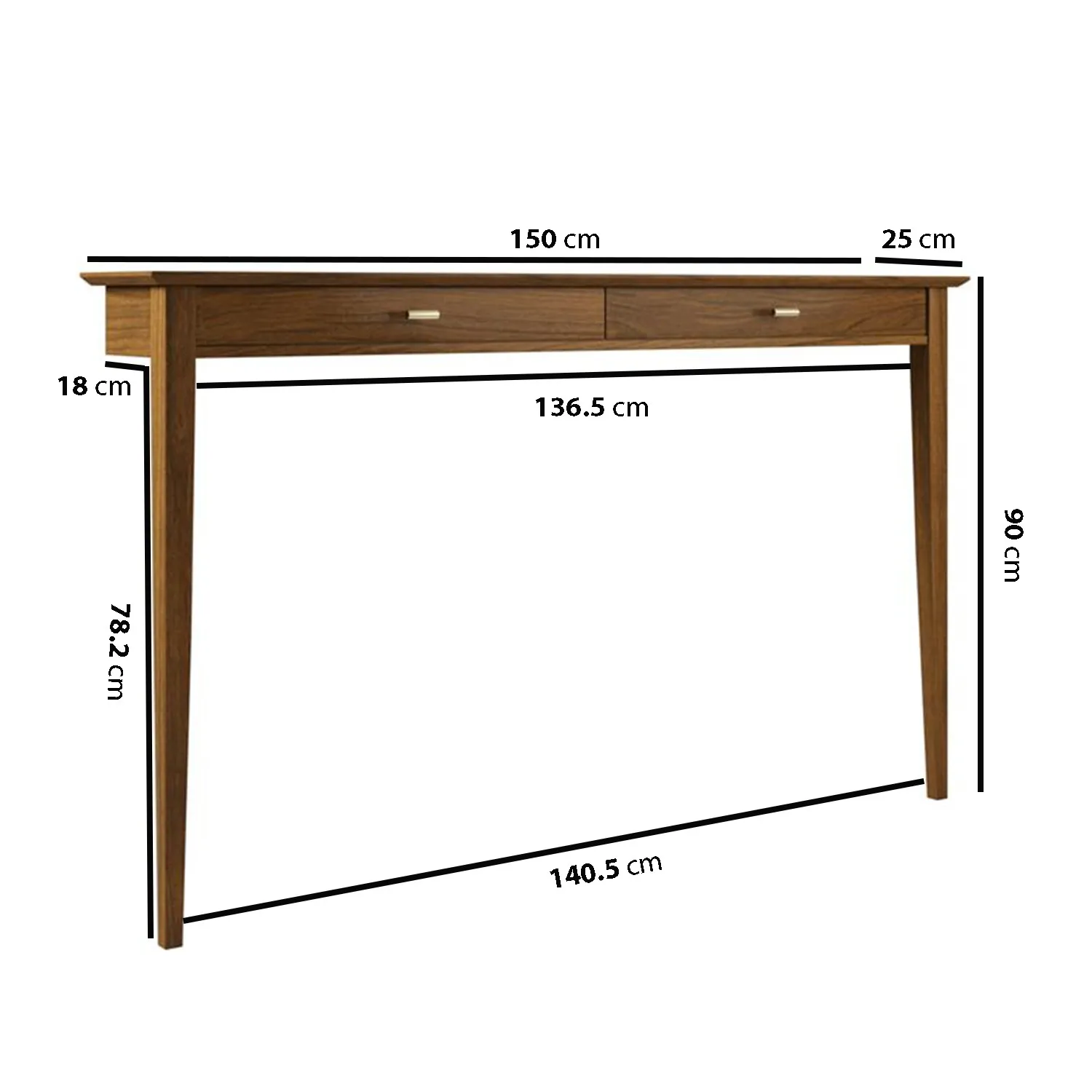 Large Console Table with Brass Handles - Brown, Walnut