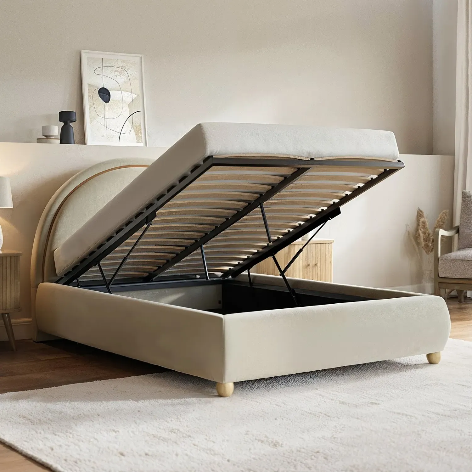 Double Ottoman Bed with Curved Headboard - Cream, Velvet