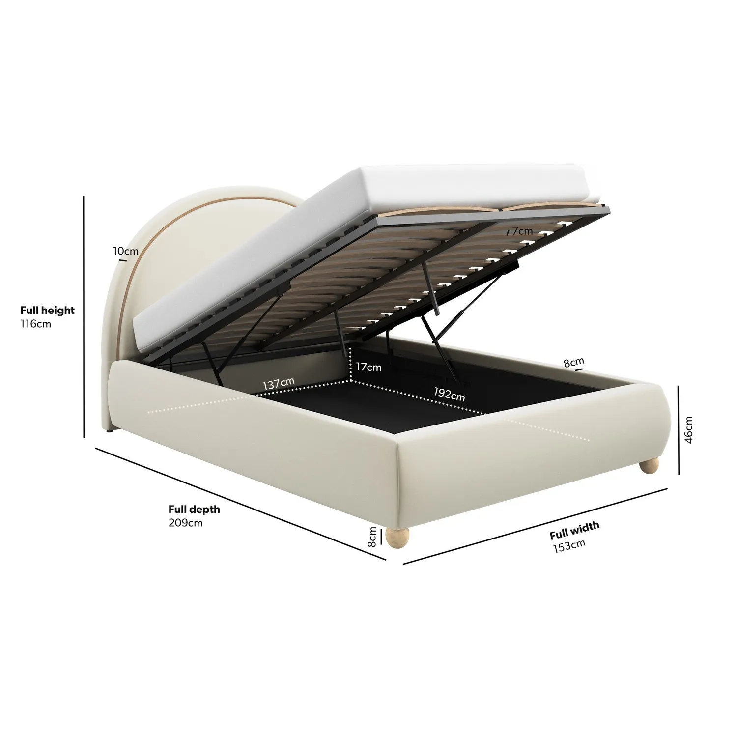 Double Ottoman Bed with Curved Headboard - Cream, Velvet