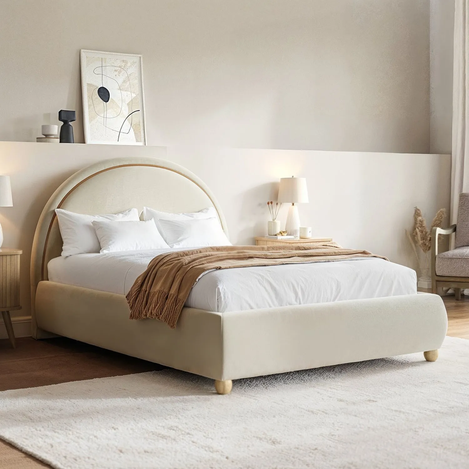 Double Ottoman Bed with Curved Headboard - Cream, Velvet image