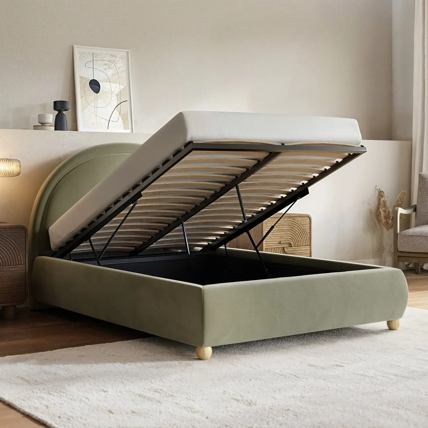 Double Ottoman Bed with Curved Headboard - Green, Velvet