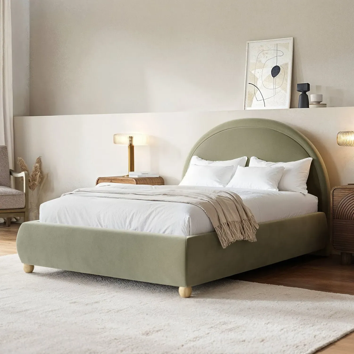 Double Ottoman Bed with Curved Headboard - Green, Velvet
