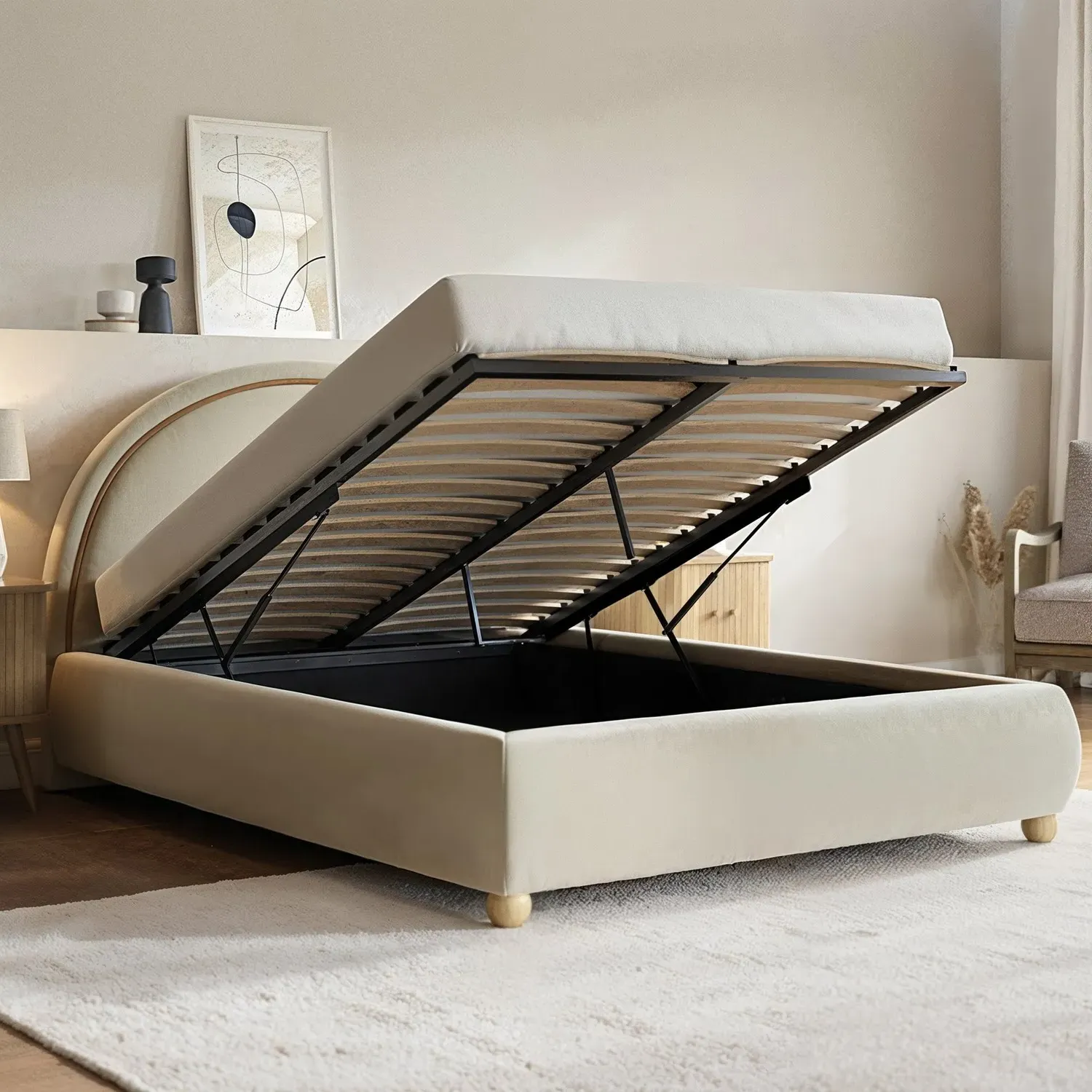 King Size Ottoman Bed with Curved Headboard - Cream, Velvet