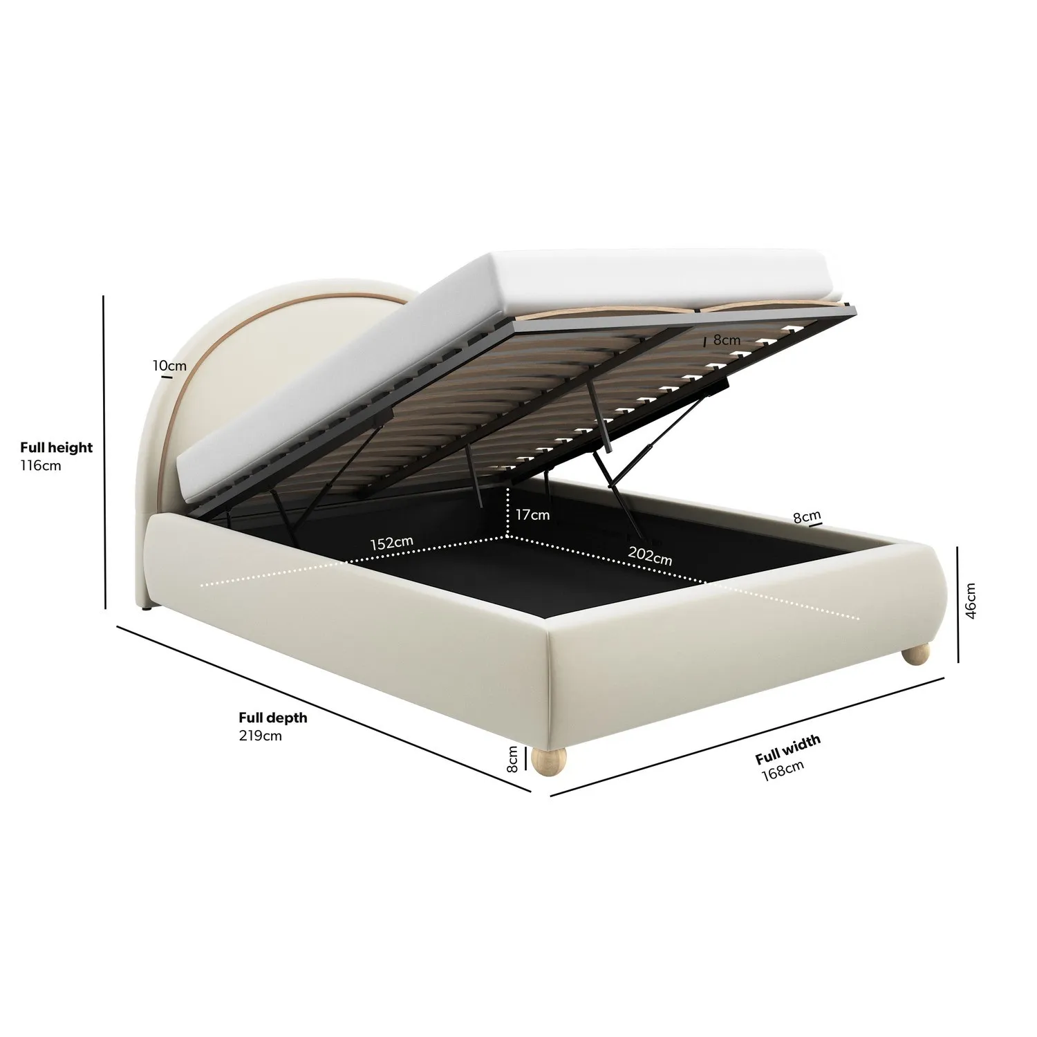 King Size Ottoman Bed with Curved Headboard - Cream, Velvet