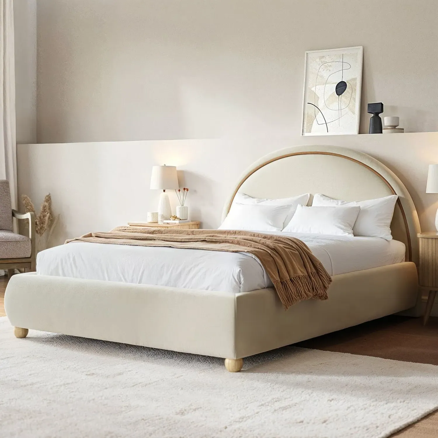 King Size Ottoman Bed with Curved Headboard - Cream, Velvet image