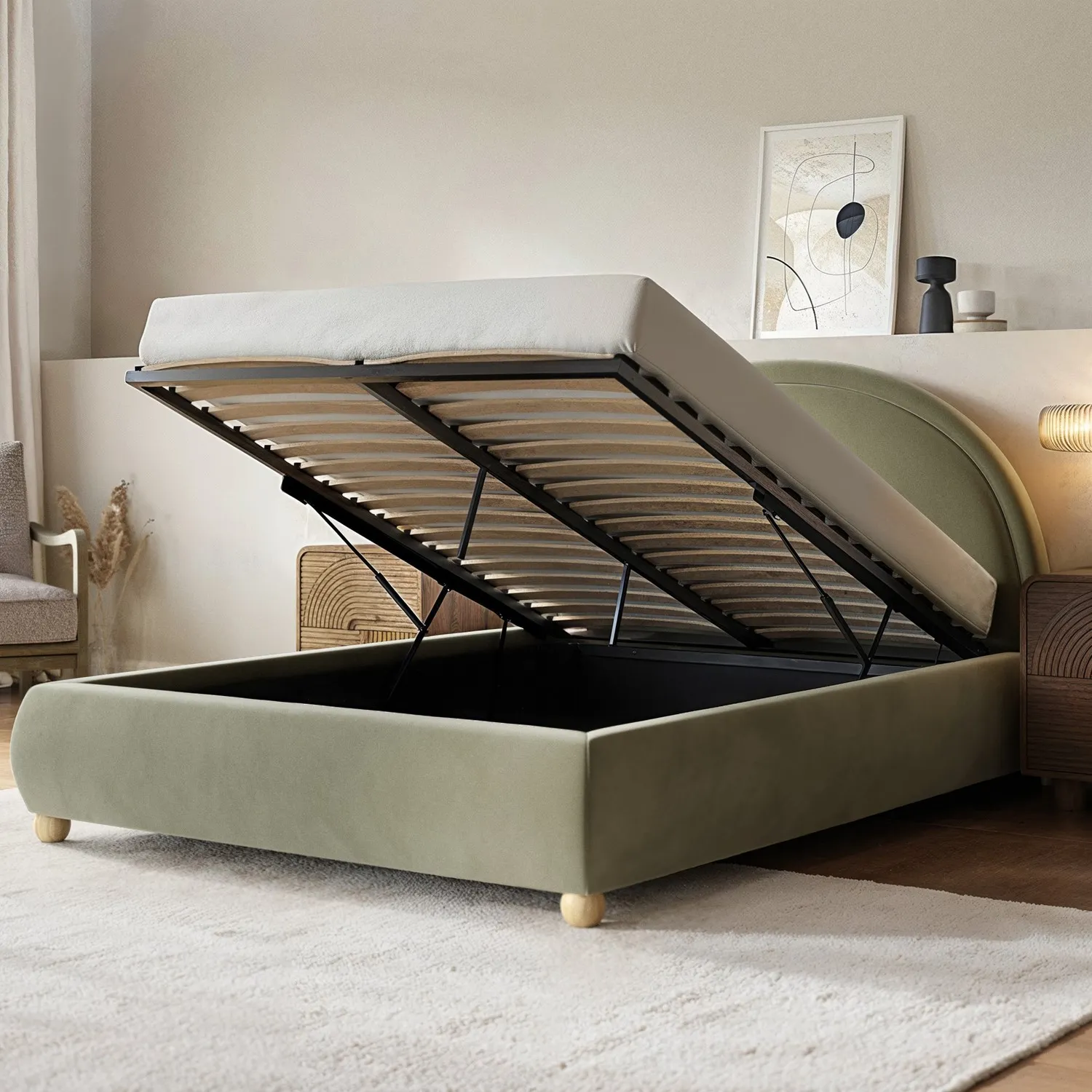 King Size Ottoman Bed with Curved Headboard - Green, Velvet
