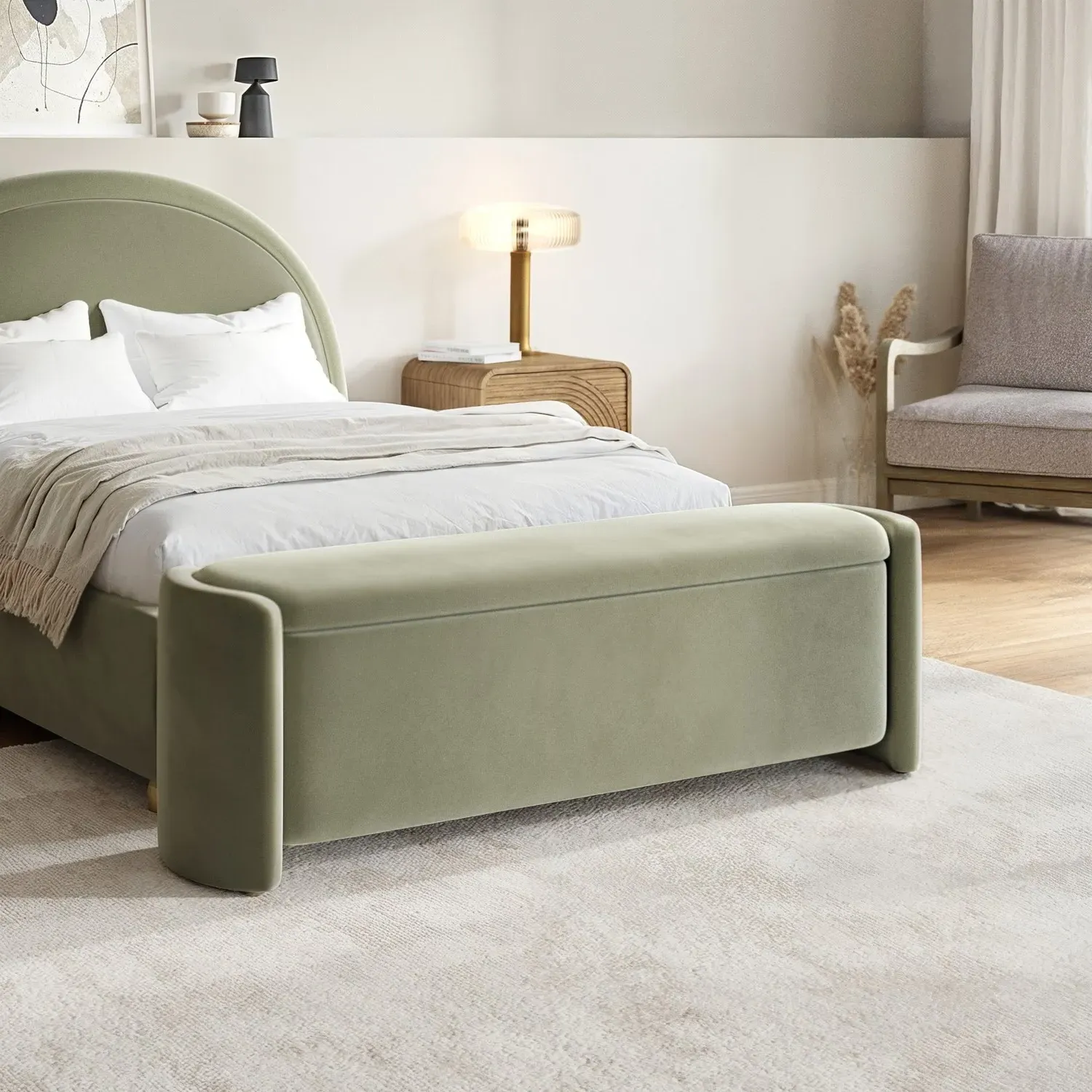 King Size Ottoman Bed with Curved Headboard - Green, Velvet