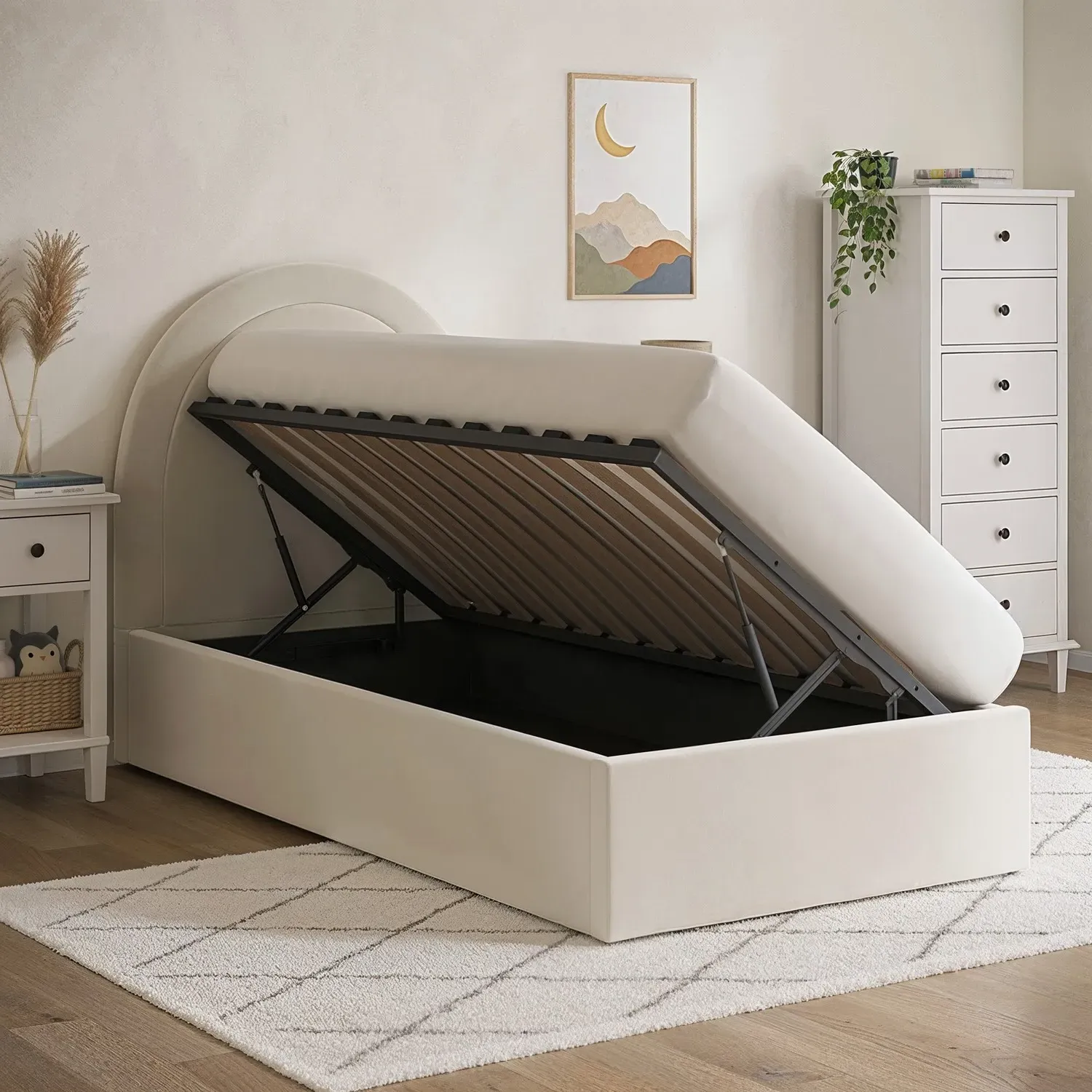 Single Ottoman Bed with Curved Headboard - Cream, Velvet