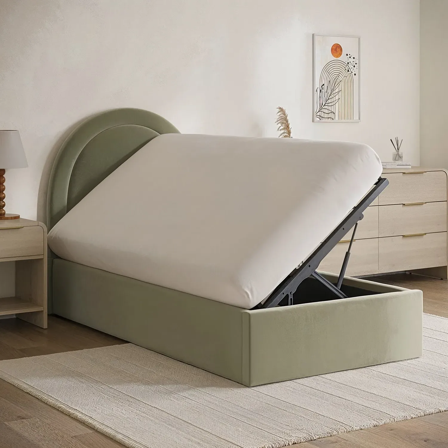 Single Side-Lift Ottoman Bed - Green, Velvet